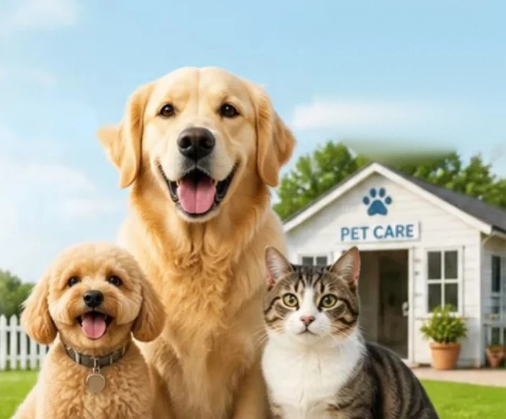 Two dogs and a cat in front of a house with a garden